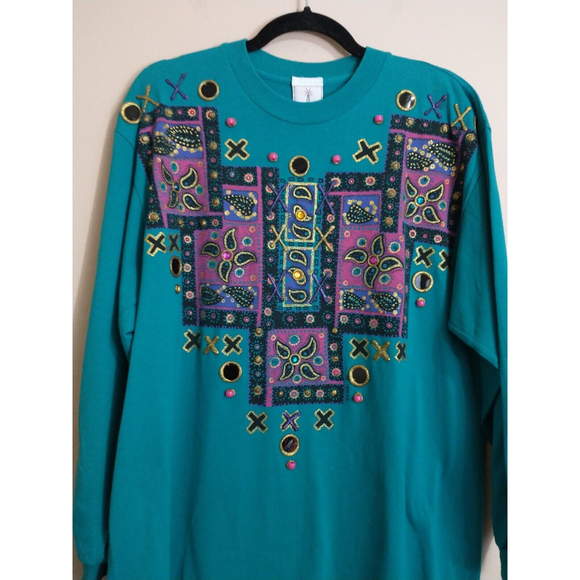 VTG 90s KWBL Los Angeles Womens Hand Painted Shirt Teal Embellished One Size - Picture 2 of 7